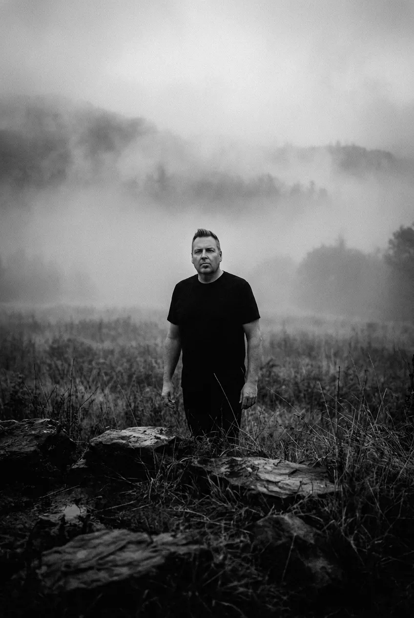 Grish on a misty hillside