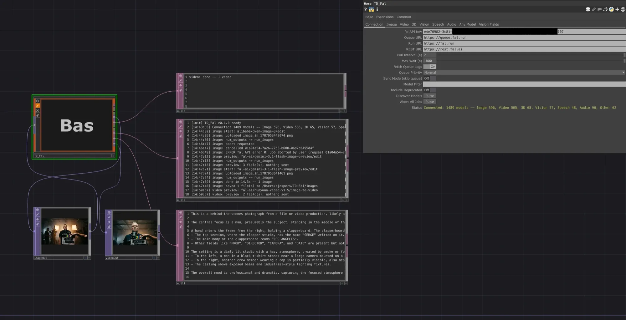 The TD_Fal component in TouchDesigner with its Connection page, generated image and video outputs, and the activity log