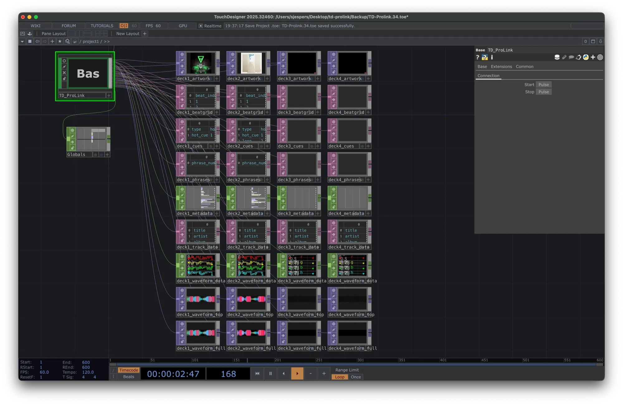 The TD_ProLink component in TouchDesigner, wired to artwork, beat grid, cue, phrase, metadata and waveform outputs for four decks